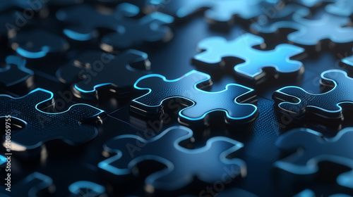 Obraz na płótnie Coded 3D puzzle joins in luminous blue network, cyber design shows system unity w salonie