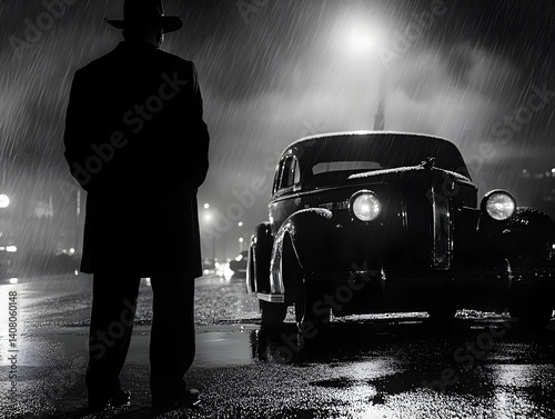 Noir Night: A solitary figure, cloaked in shadow and a fedora, stands by a vintage car, its headlights piercing the rainy darkness. The scene evokes a sense of mystery and intrigue. 
