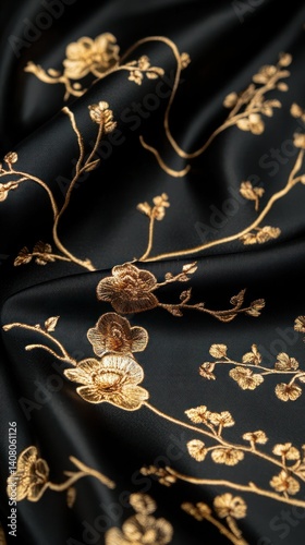 Black fabric with gold embroidered floral design. photo