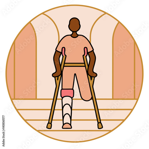 Injured person with crutches and cast in colored medical icon