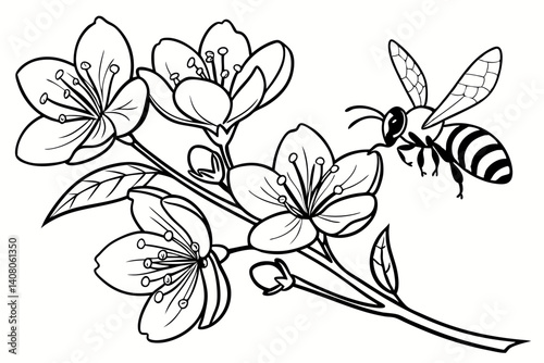 Coloring Pages, a buzzing bee collecting nectar from a flower, uncolored, black and white