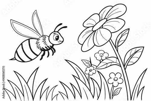 Coloring Pages, a buzzing bee collecting nectar from a flower, uncolored, black and white