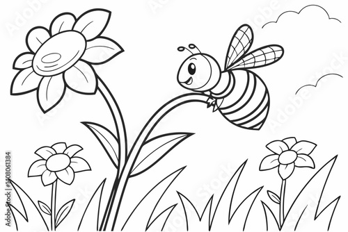 Coloring Pages, a buzzing bee collecting nectar from a flower, uncolored, black and white