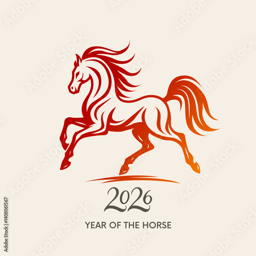 Running red fire horse symbol of new year 2026 according to Asian Chinese calendar. greeting card or banner. vector illustration