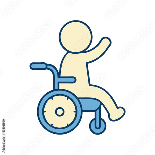 Simplified icon of child in wheelchair waving hand