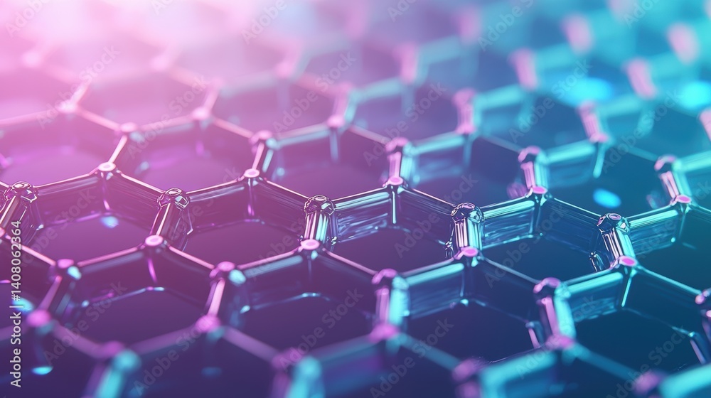 Obraz premium Connection Abstract geometric web of interconnected hexagons, glowing in a neon blue futuristic style