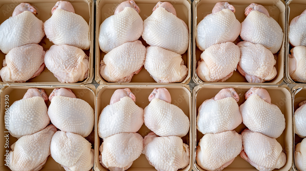 High-res shot of raw chicken on conveyor, automated sanitization system ensuring hygiene