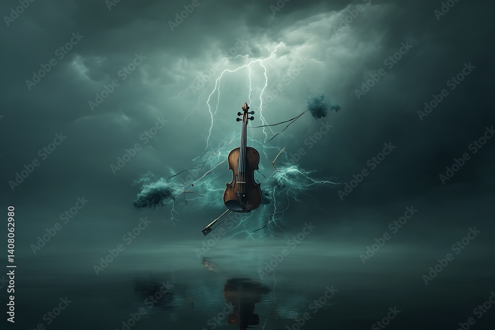 Fototapeta premium A solitary violin hovers against a dramatic backdrop of stormy skies, lightning strikes, and dark clouds, reflected in the calm waters below.