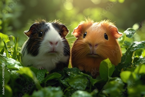 guinea pigs in meadow summer sunlight cute pets close-up outdoor portrait