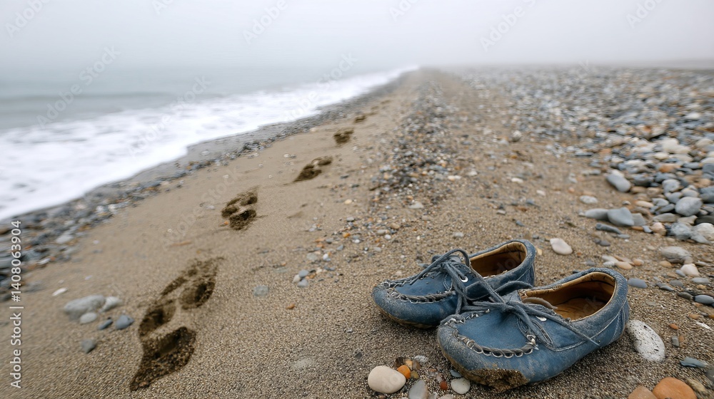 Tranquil Coastal Scene: Footprints in the Sand and Worn Shoes on the Shore. A journey of memories and solitude on a misty beach. A moment of peace and reflection by the ocean. Tranquil Coastal Scene: Footprints in the Sand and Worn Shoes on the Shore. A journey of memories and solitude on a misty beach. A moment of peace and reflection by the ocean.