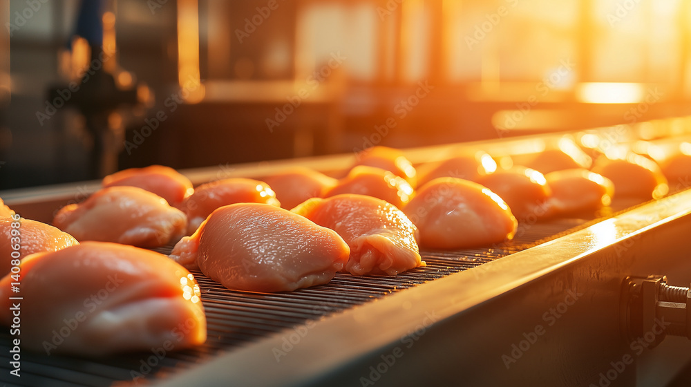 Close-up of chicken fillets aligned on conveyor, bright industrial light shows hygiene standards