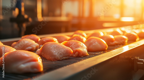 Obraz na płótnie Close-up of chicken fillets aligned on conveyor, bright industrial light shows hygiene standards w salonie