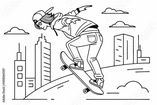 Coloring Pages, a cool skateboarder doing a trick, colorless, uncolored, black and white