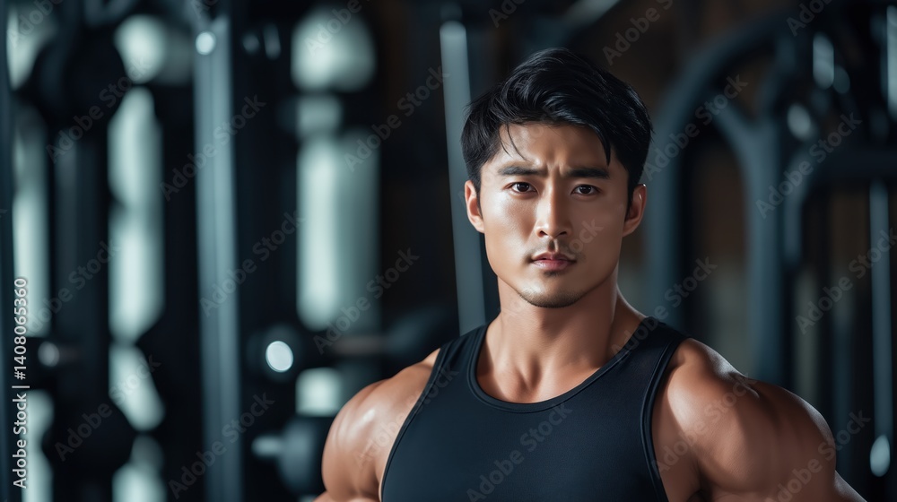 A portrait of a muscular Asian man with dark hair, in a black tank top A portrait of a muscular Asian man with dark hair, in a black tank top