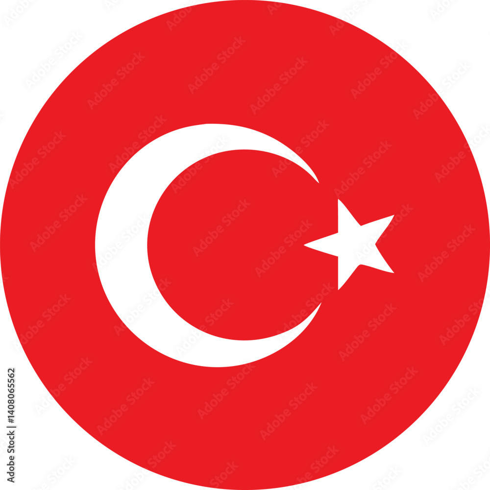 Circular Turkish flag icon, simple design, red background, white crescent moon and star. Circular Turkish flag icon, simple design, red background, white crescent moon and star.