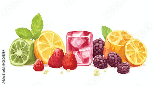 Refreshing Ice with Frozen Fruits on White Background