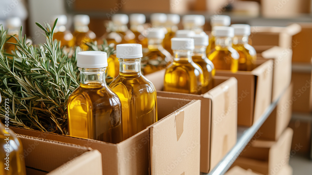 Olive oil bottles in cardboard dividers, visible through open boxes on rolling carts, product handling in motion