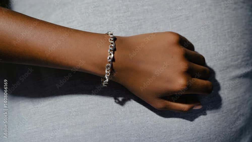 Closeup view of a silver chain link bracelet on a dark skin arm resting on gray fabric in soft lighting
