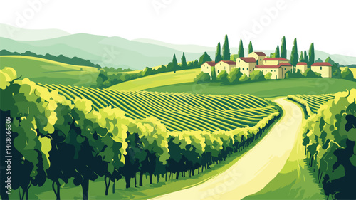 Serene Vineyard Landscape Surrounded by Rolling Hills