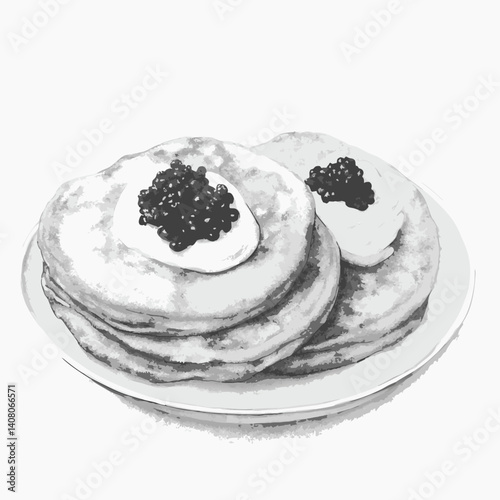 Russian blini with caviar and sour cream on a white plate. World Street Food. Ideal for travel blogs, food festivals, global cuisine apps, takeaway branding, or cultural infographics.  