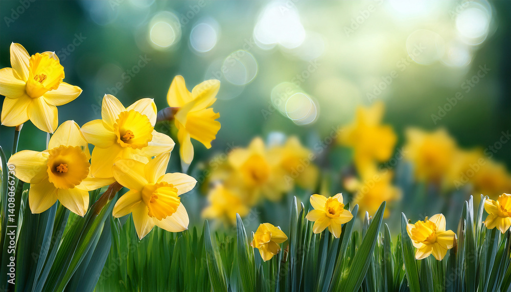 Fototapeta premium yellow daffodils in spring background on bokeh blurred green fresh landscape