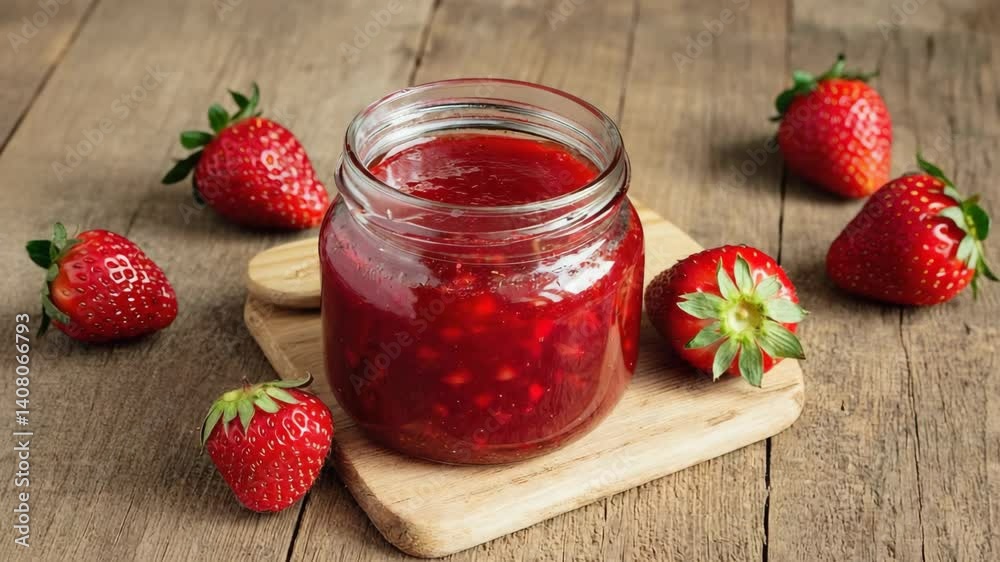 Jar of homemade strawberry jam surrounded by fresh strawberries on a wooden surface