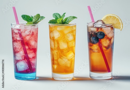 Refreshing Summer Cocktails with Mint Garnish, Ice Cubes, and Colorful Straws for a Vibrant and Inviting Beverage Experience