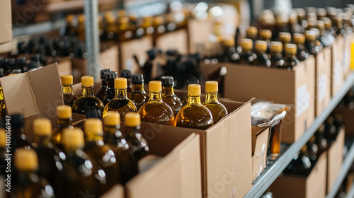 Obraz na płótnie Boxes of olive oil bottles with dividers, rolling carts in motion, product handling moment captured w salonie