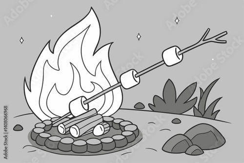 Coloring Pages, a cozy campfire with marshmallows roasting, colorless, uncolored, black and white