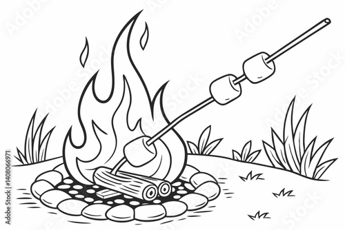 Coloring Pages, a cozy campfire with marshmallows roasting, colorless, uncolored, black and white