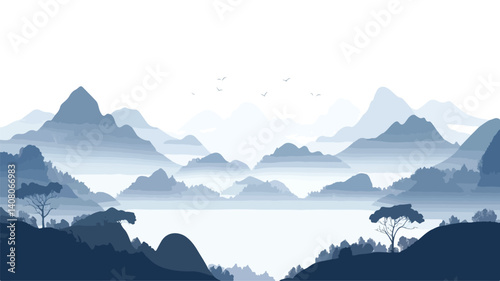 Serene Wide Landscape with Rolling Yuan Mountain