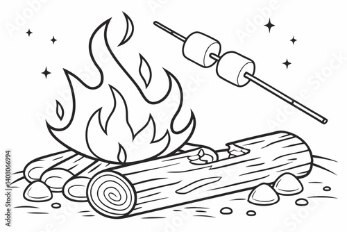 Coloring Pages, a cozy campfire with marshmallows roasting, colorless, uncolored, black and white