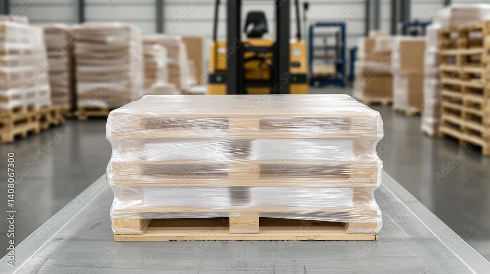 Shrink-wrapped food pallet ready for transport, forklifts and shelves in action in the warehouse