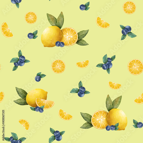 Bright yellow background with lemons, blueberries, and oranges arranged in a vibrant pattern
