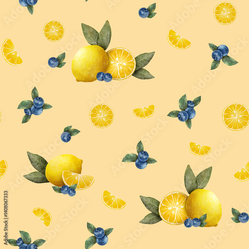 Bright yellow lemon and blueberry pattern on soft pastel background for fresh and cheerful decor