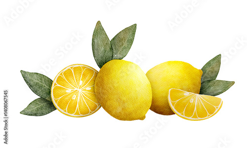 Lemons with green leaves showcasing their vibrant color and freshness in a artistic arrangement