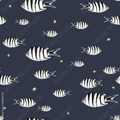 Patterns of striped fish swimming in a deep blue background with scattered stars