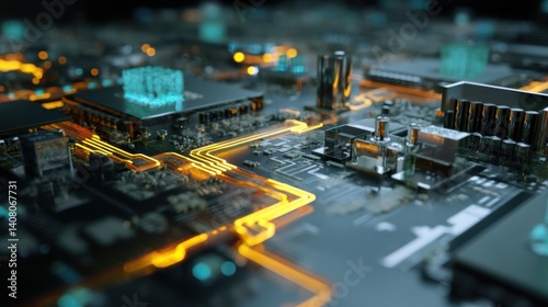 A close-up of a futuristic circuit board with illuminated yellow data pathways and glowing blue microstructures among electronic components and processors on a dark surface