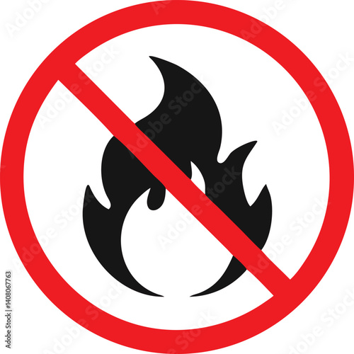 Simple, bold no fire symbol; prohibition sign; red circle with black flame.