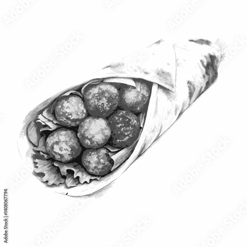 Middle Eastern falafel in pita wrap with fresh greens. World Street Food  