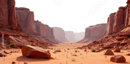 Desert canyon with a single rock formation isolated on white, canyon, emptiness