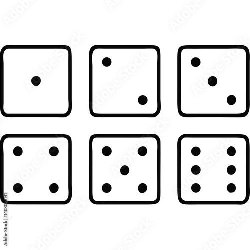 Simple black and white illustration of six dice showing different numbers.