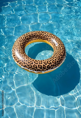 Leopard Print Pool Float in Blue Water on Sunny Summer Day