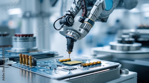 A close-up view of a robotic arm precisely positioning a microchip onto a blue circuit board inside an advanced electronics manufacturing environment with high accuracy