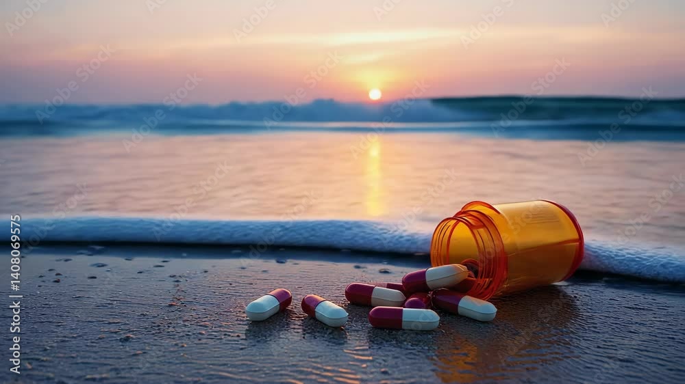 Open medicine container and pills on sand with waves receding during sunset at beach, conceptual image