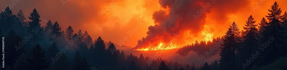 Naklejka premium Forest fire with smoke rising high in the sky, inferno, chaos
