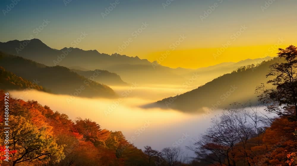 Majestic mountain range landscape with low clouds and autumn foliage under a golden sky, creating a serene, inspiring nature vista