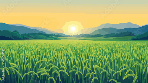 Majestic Green Rice Field at Sunrise: Nature's Beauty Captured in Landscape