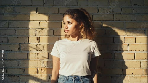 Young woman in white t-shirt looks to side with sunlight on brick wall, urban style portrait
