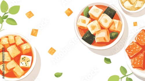 Delicious Top View of Fish Meat Ball and Fish Tofu on Background